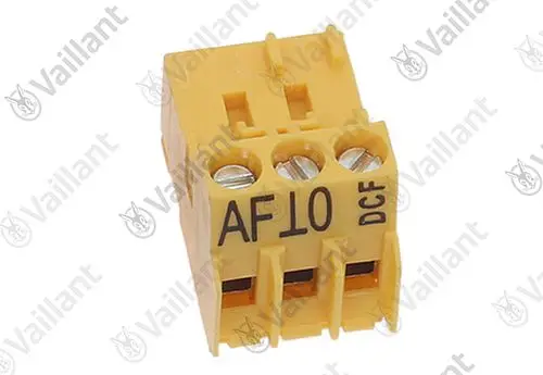 Vaillant Stecker in gelber Ausführung mit mehreren Anschlussklemmen und der Kennzeichnung „AF10 DCF“ auf der Vorderseite.